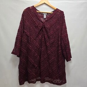 Catherines 3X 26W 28W Burgundy Lace V‎ Neck Twisted Front Tiered Top Plus Size